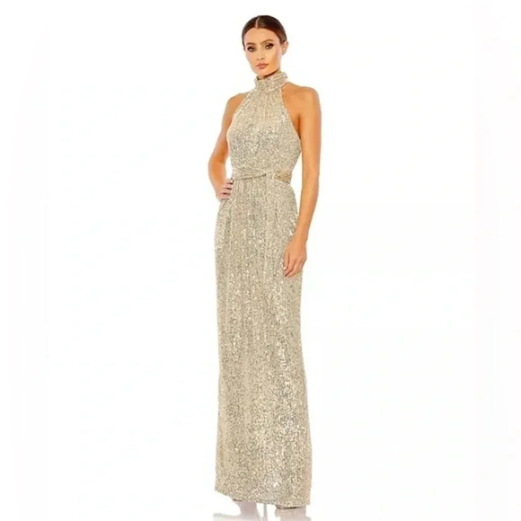 Mac Duggal SEQUINED HALTER NECK BELTED SOFT TIE Gown SIZE 14 - Picture 1 of 15